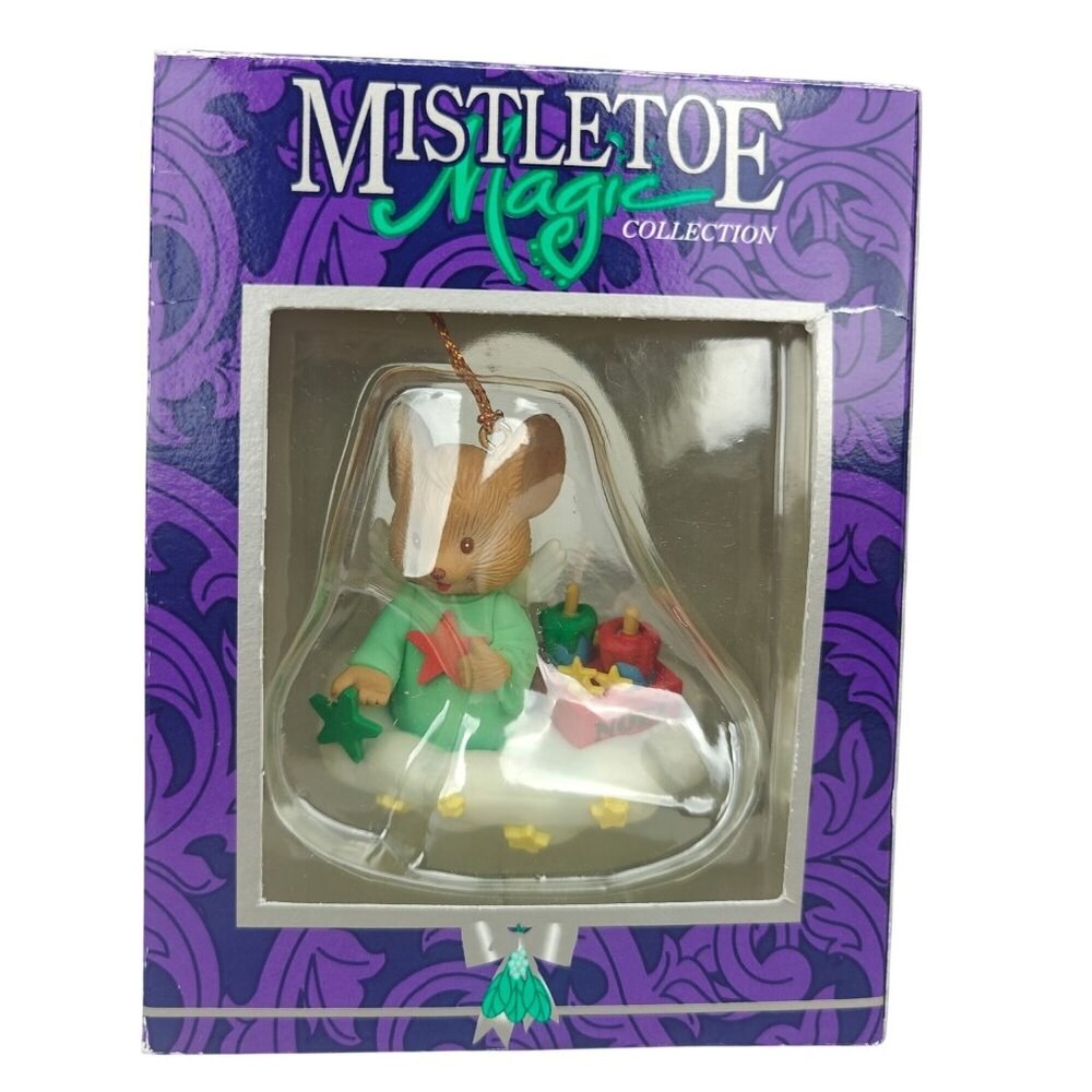 Vintage Mistletoe Magic Mouse Ornament In Green Robe With Stars